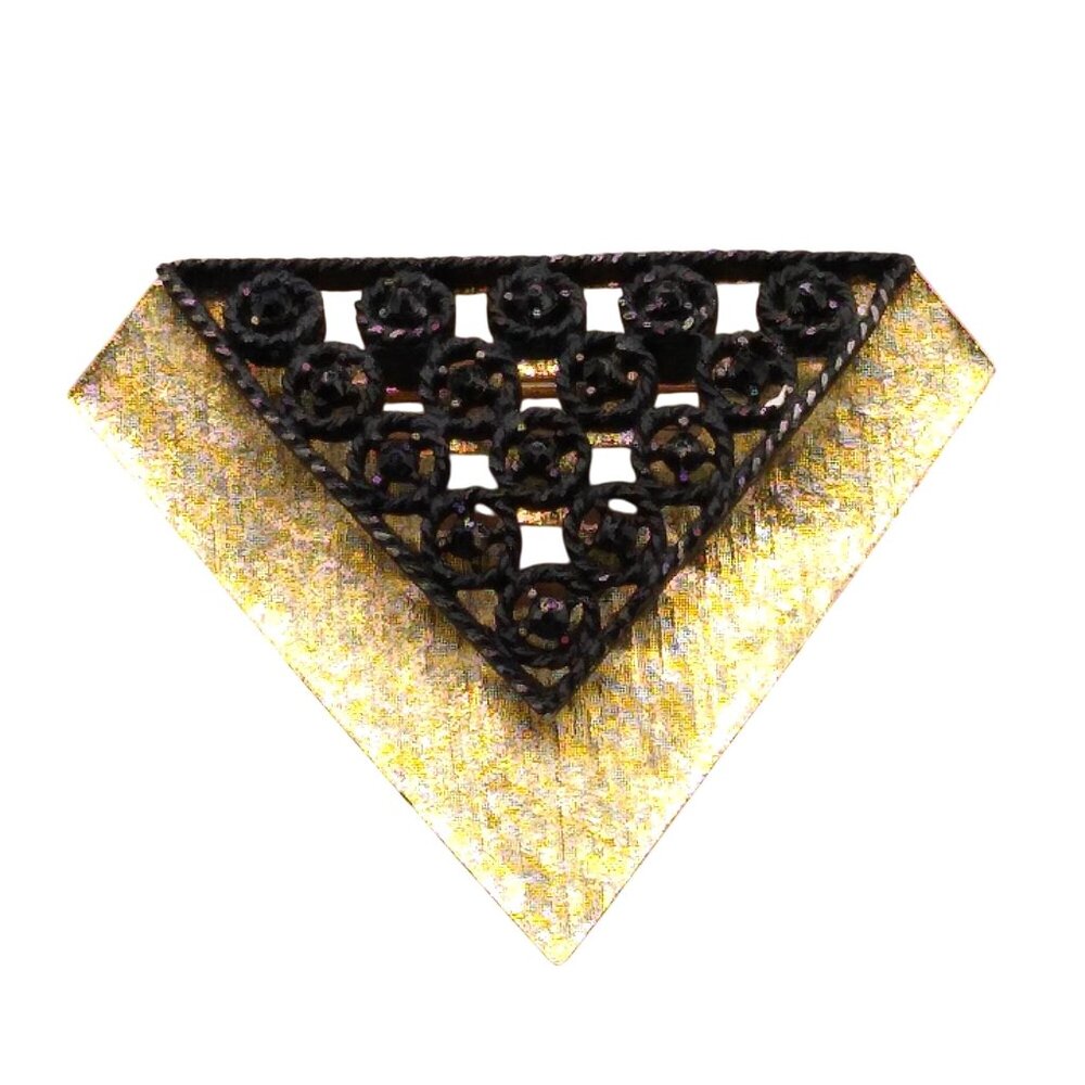 Hattie Carnegie Diamond Shaped Gold Plated Brooch Vintage Pin with Japanned Blac